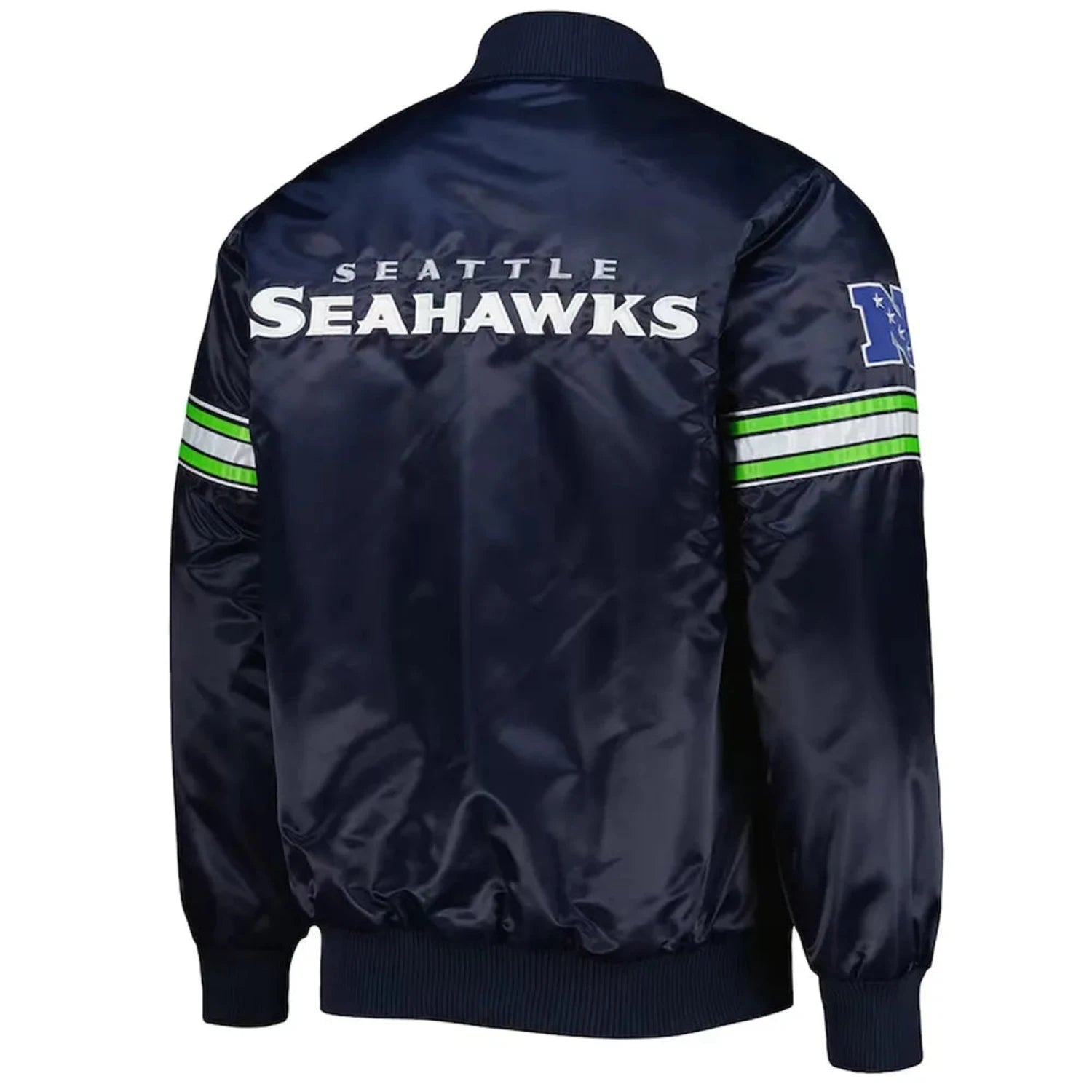 Back of Seattle Seahawks satin varsity jacket featuring large team logo and striped ribbed hem
