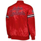 Back of ST. Louis Cardinals satin varsity jacket featuring large team logo and striped ribbed hem
