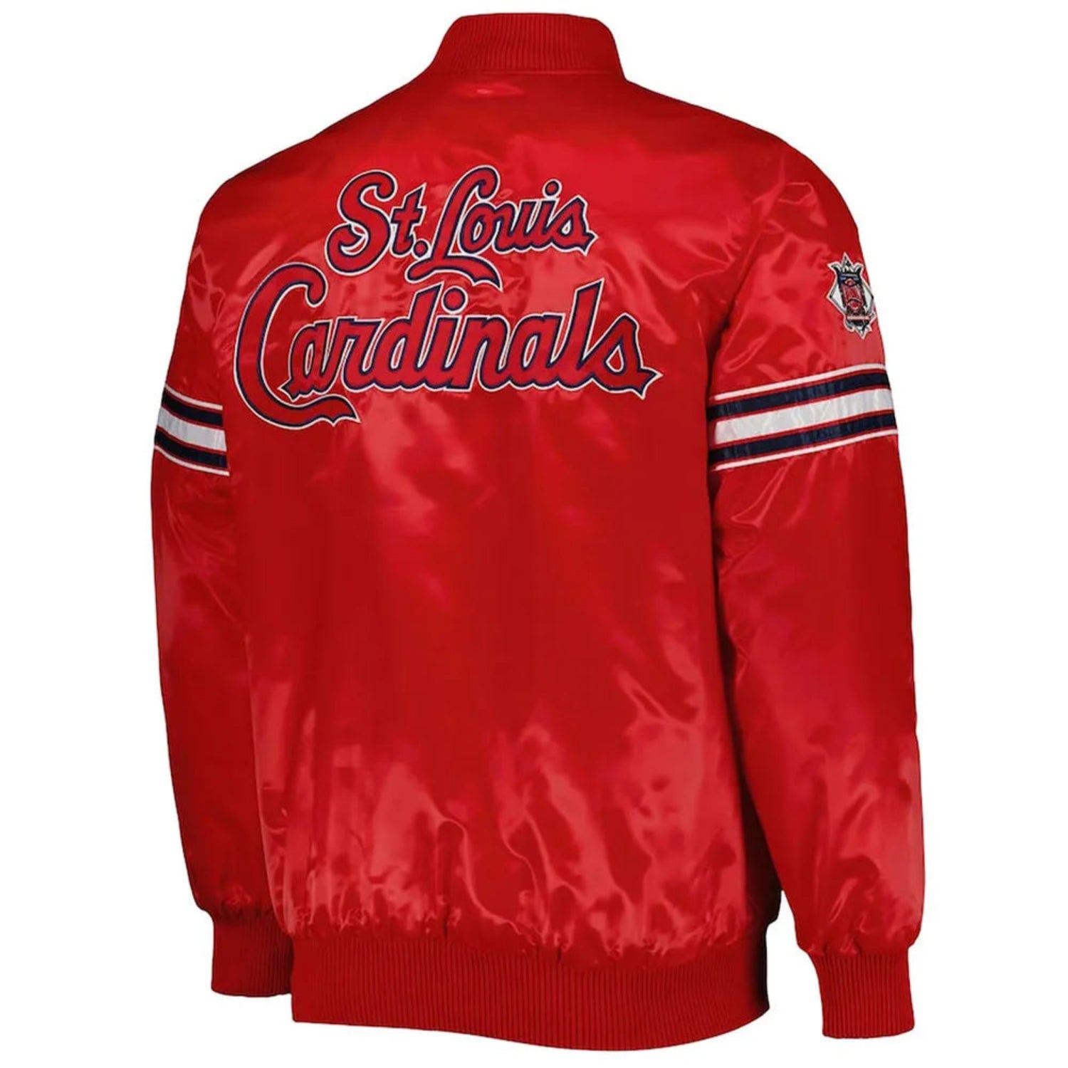 Back of ST. Louis Cardinals satin varsity jacket featuring large team logo and striped ribbed hem