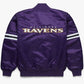 Back of Baltimore Ravens satin varsity jacket featuring large team logo and striped ribbed hem
