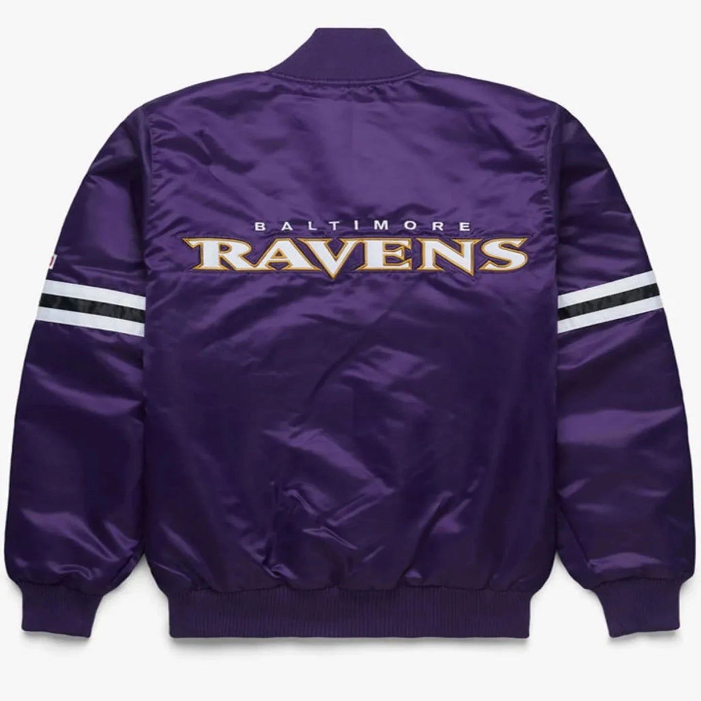 Back of Baltimore Ravens satin varsity jacket featuring large team logo and striped ribbed hem
