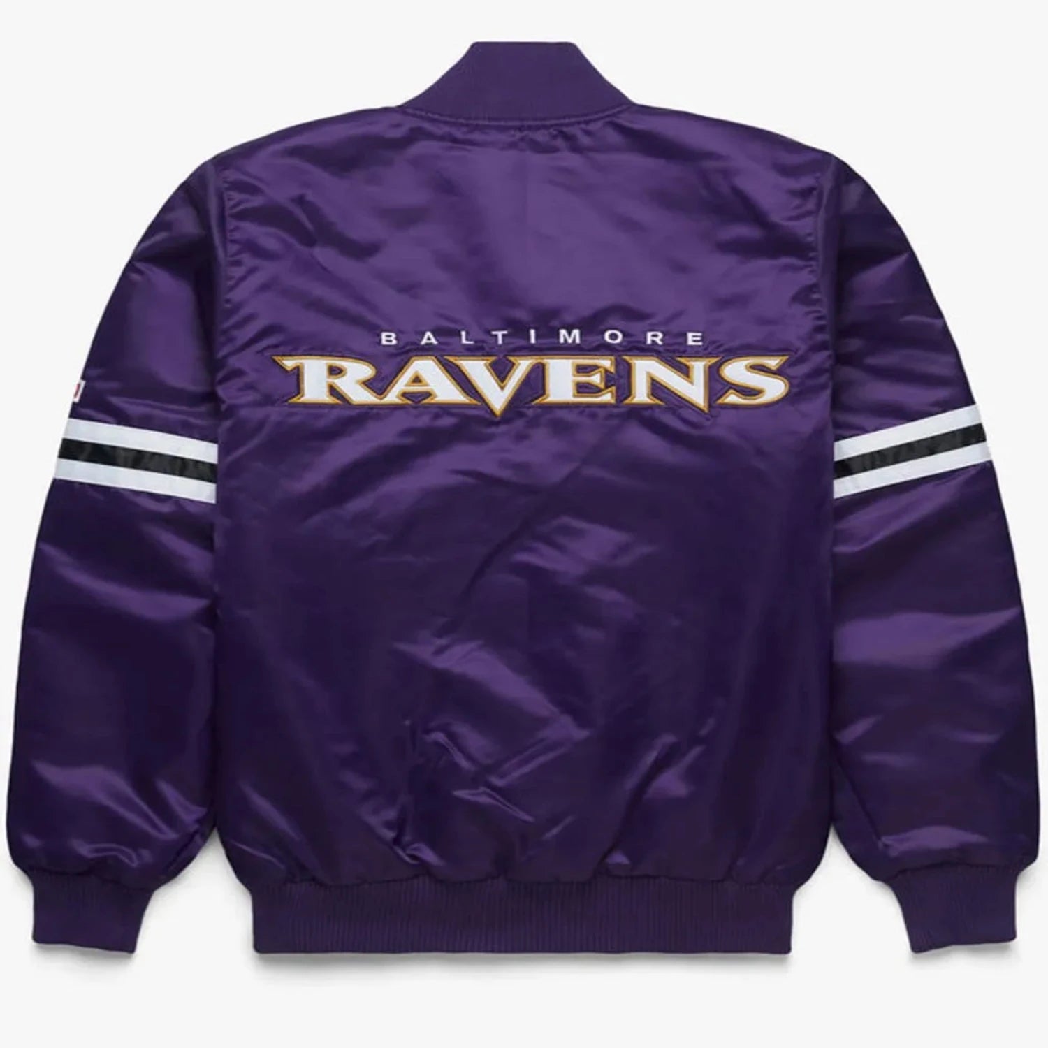Back of Baltimore Ravens satin varsity jacket featuring large team logo and striped ribbed hem
