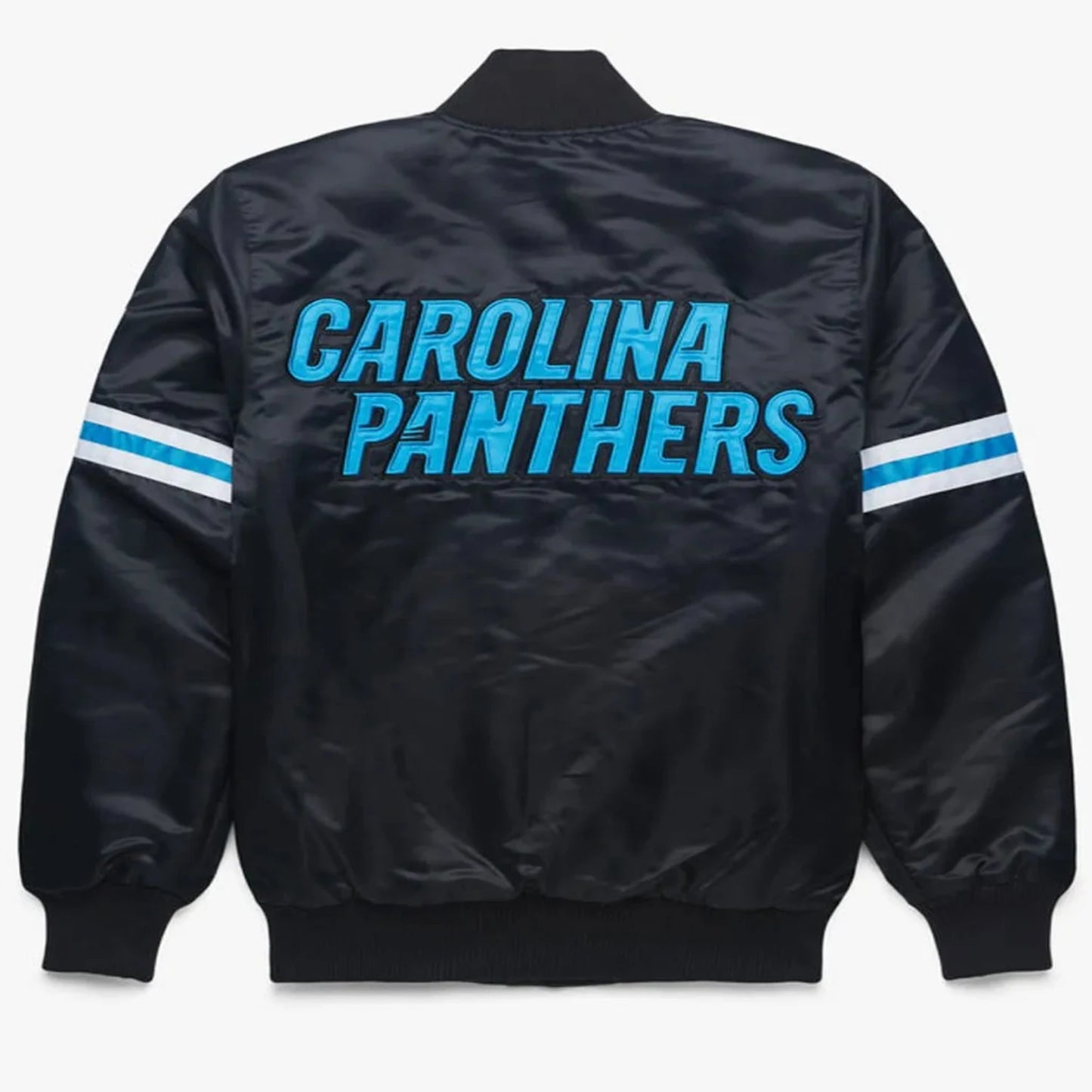 Back of Carolina Panthers satin varsity jacket featuring large team logo and striped ribbed hem
