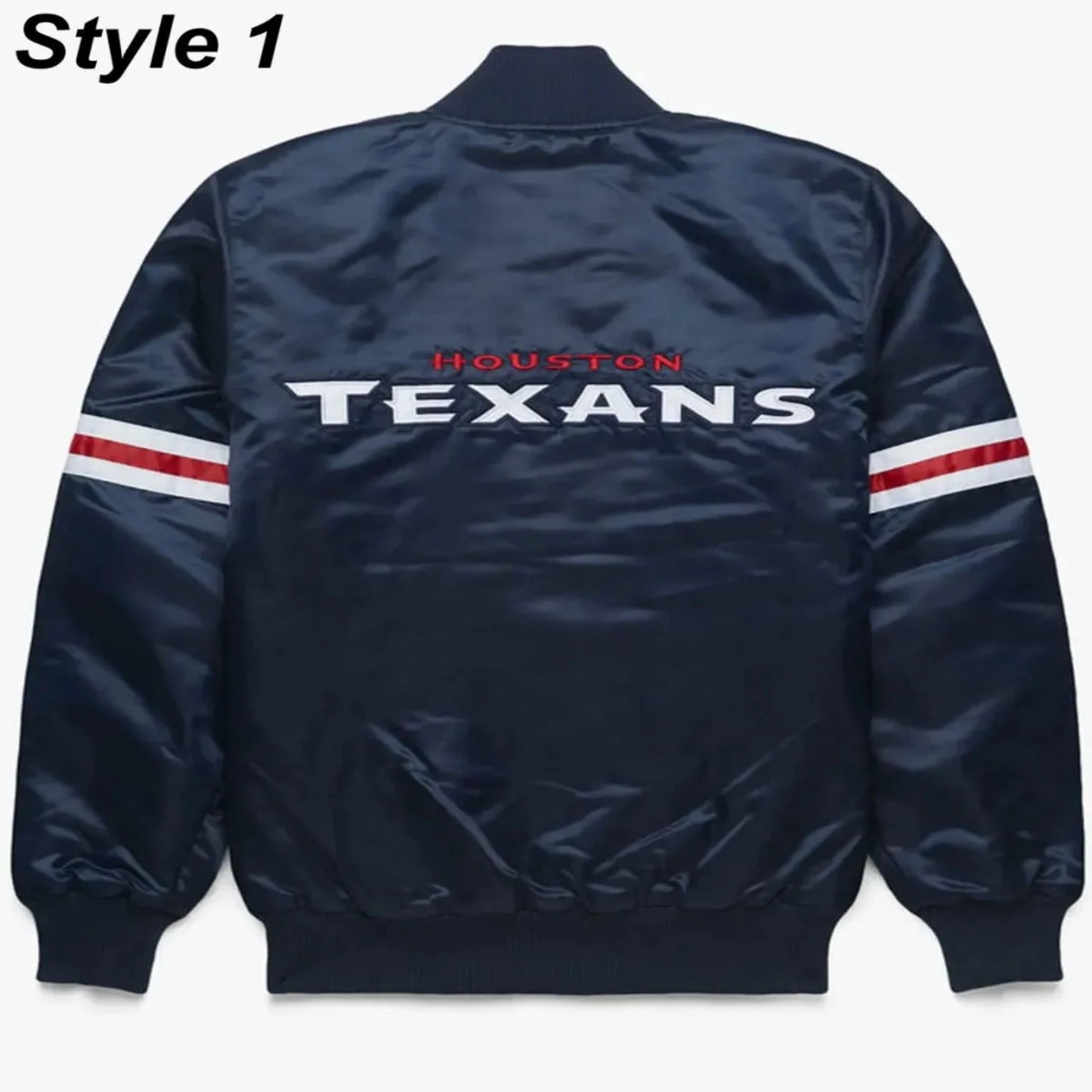 Back of Houston Texans satin varsity jacket featuring large team logo and striped ribbed hem
