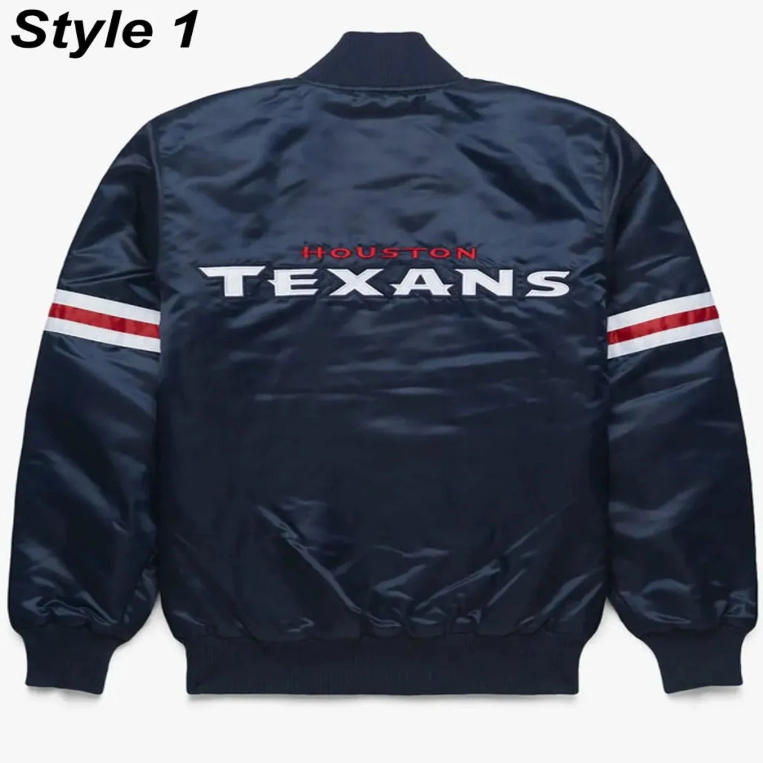 Back of Houston Texans satin varsity jacket featuring large team logo and striped ribbed hem
