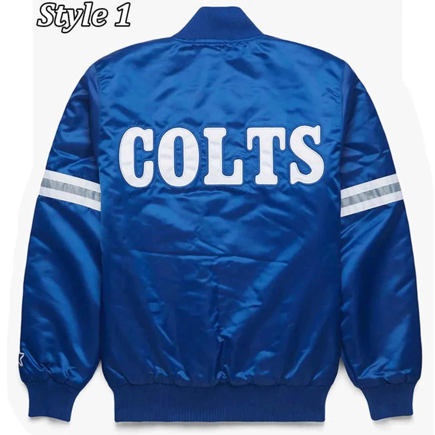 Back of IndianaPolis Colts satin varsity jacket featuring large team logo and striped ribbed hem
