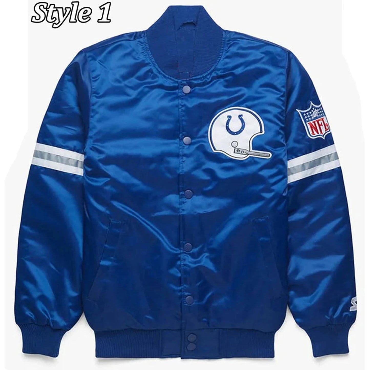 Front view of IndianaPolis Colts NFL satin varsity jacket with team logo and snap-button closure