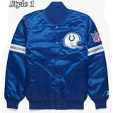 Front view of IndianaPolis Colts NFL satin varsity jacket with team logo and snap-button closure