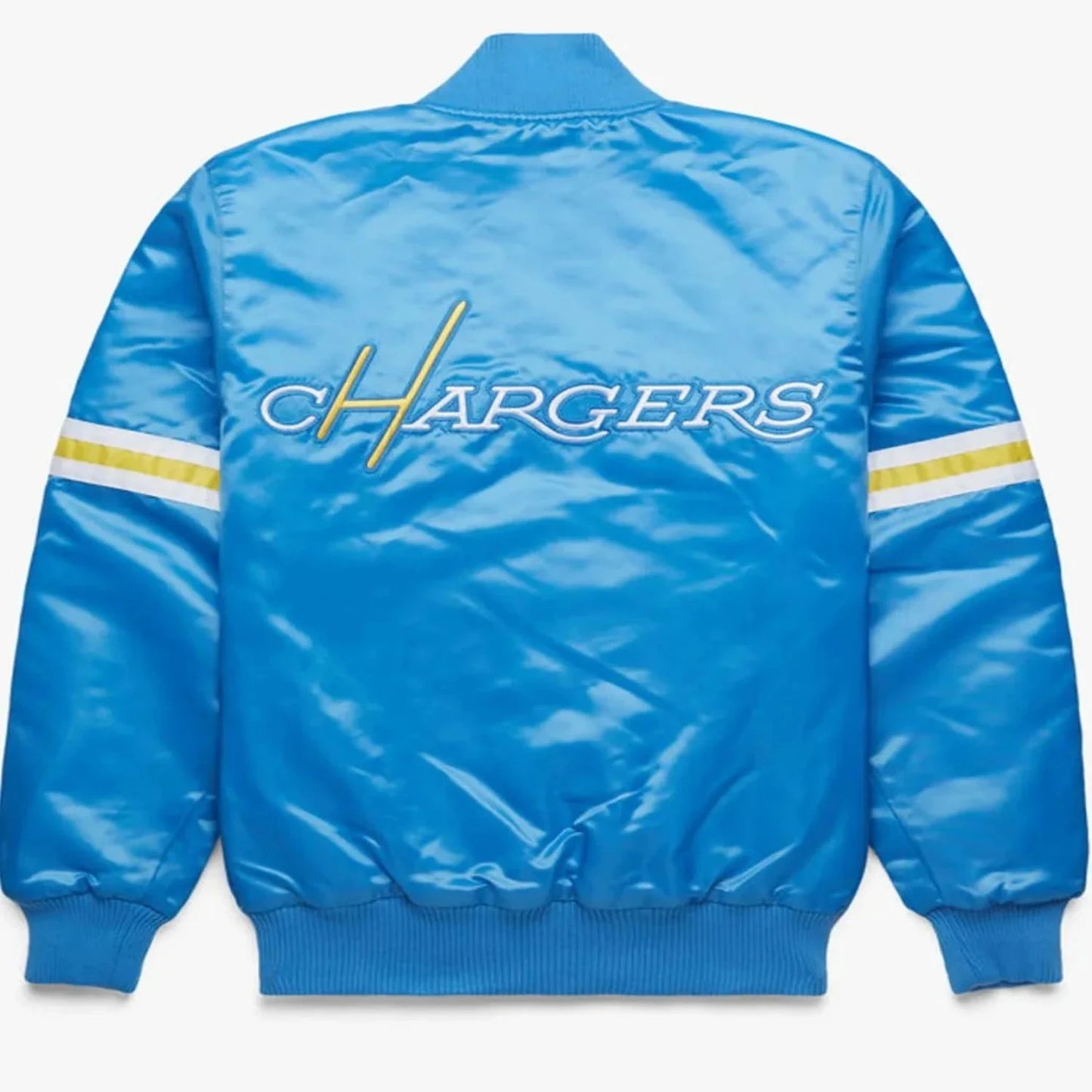 Back view of Los Angeles Chargers NFL satin varsity jacket with team logo 