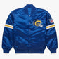 Front view of Los Angeles Rams NFL satin varsity jacket with team logo and snap-button closure