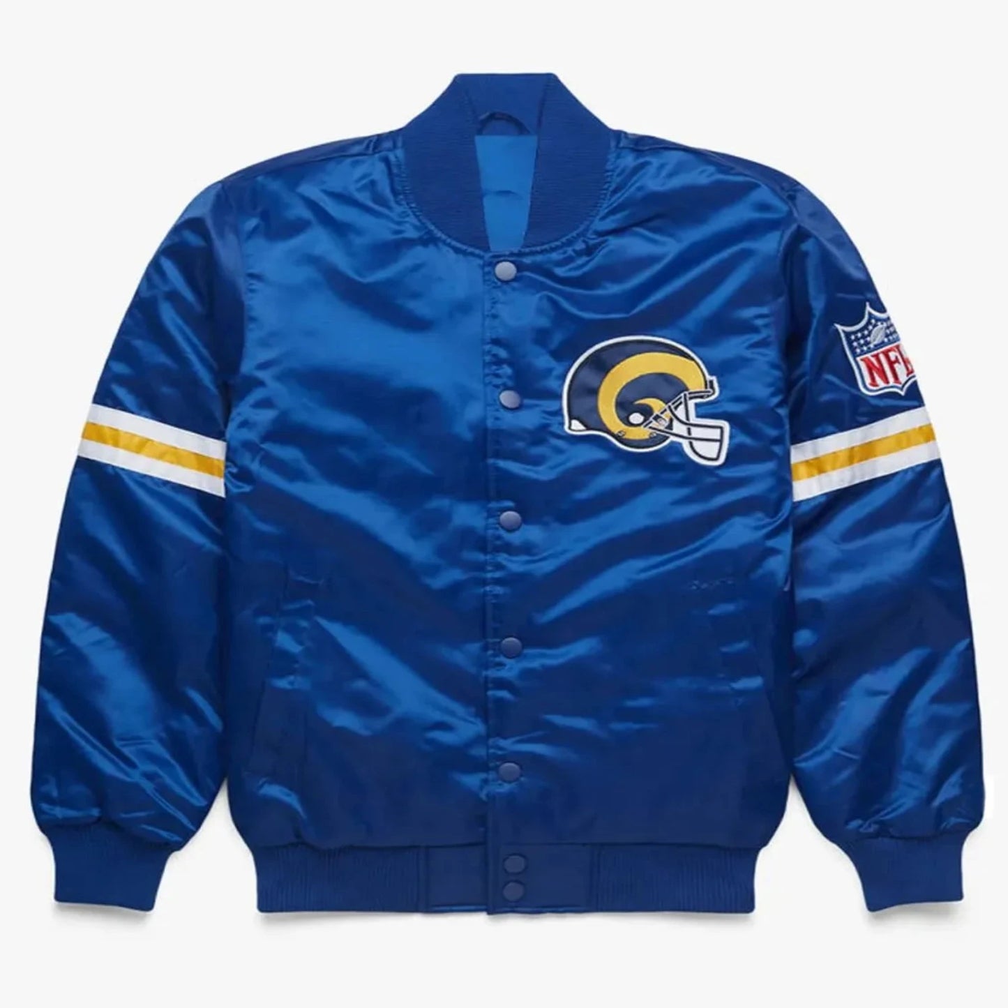 Front view of Los Angeles Rams NFL satin varsity jacket with team logo and snap-button closure