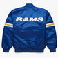 Back of LA Rams satin varsity jacket featuring large team logo and striped ribbed hem
