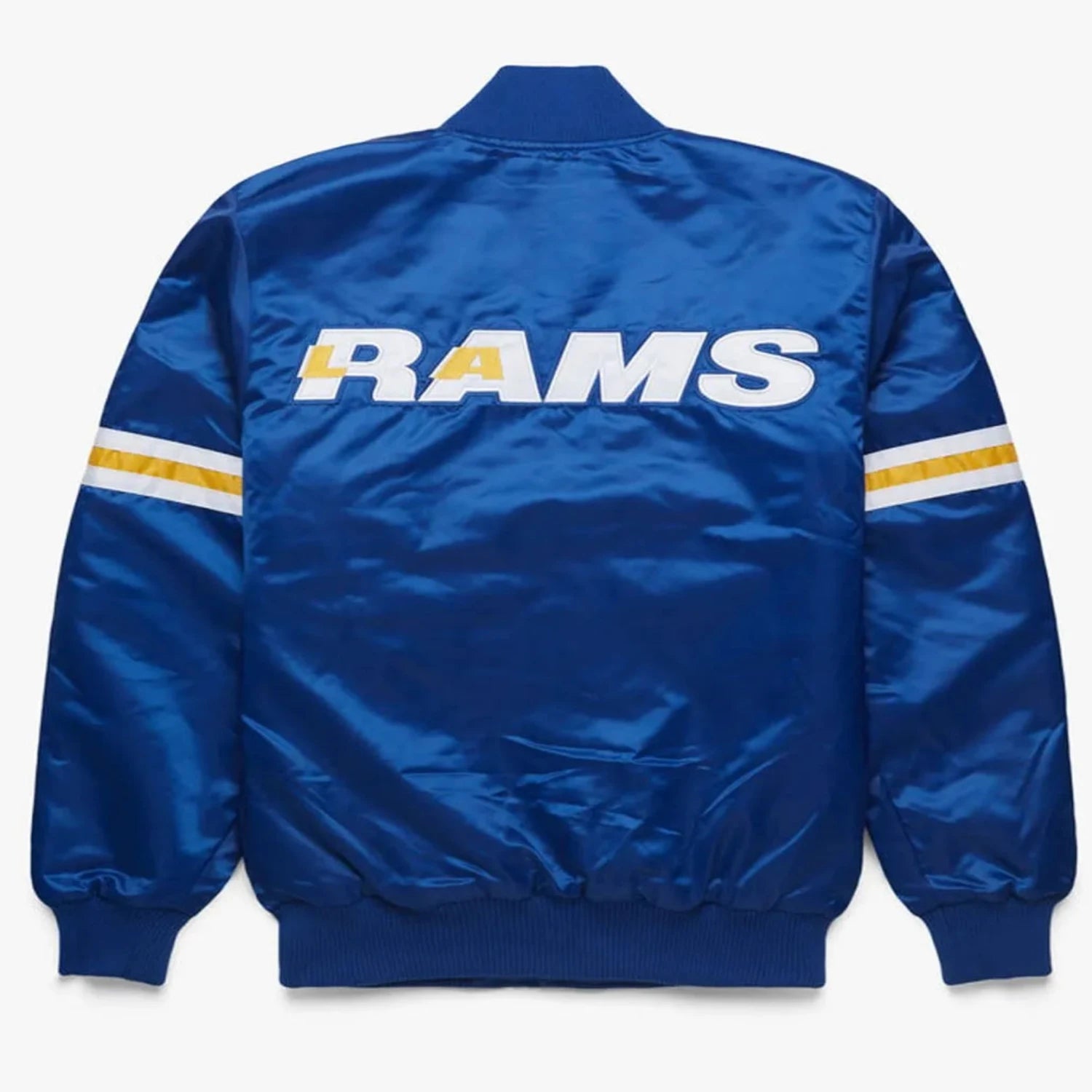 Back of LA Rams satin varsity jacket featuring large team logo and striped ribbed hem
