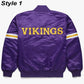 Back of Vikings satin varsity jacket featuring large team logo and striped ribbed hem
