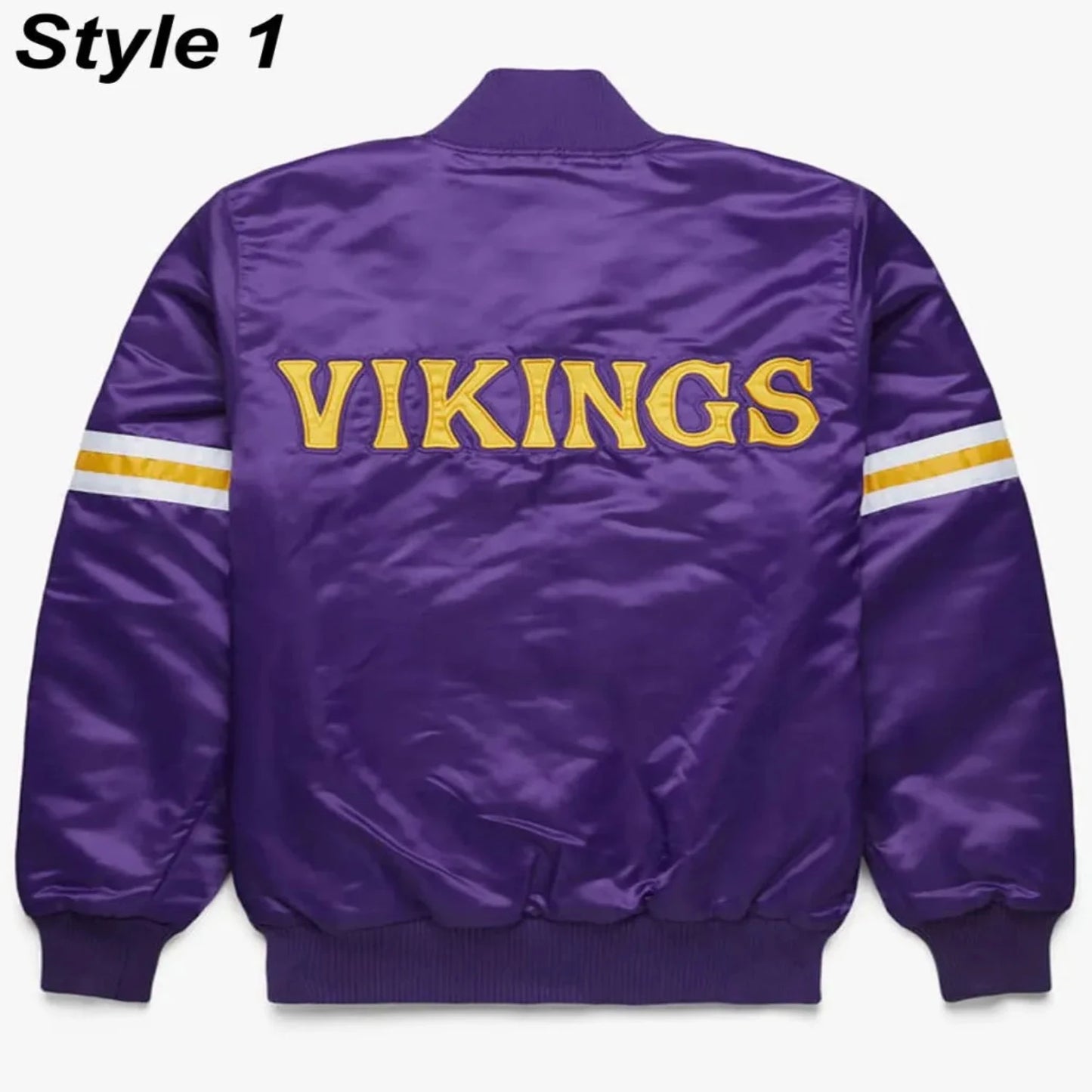 Back of Vikings satin varsity jacket featuring large team logo and striped ribbed hem
