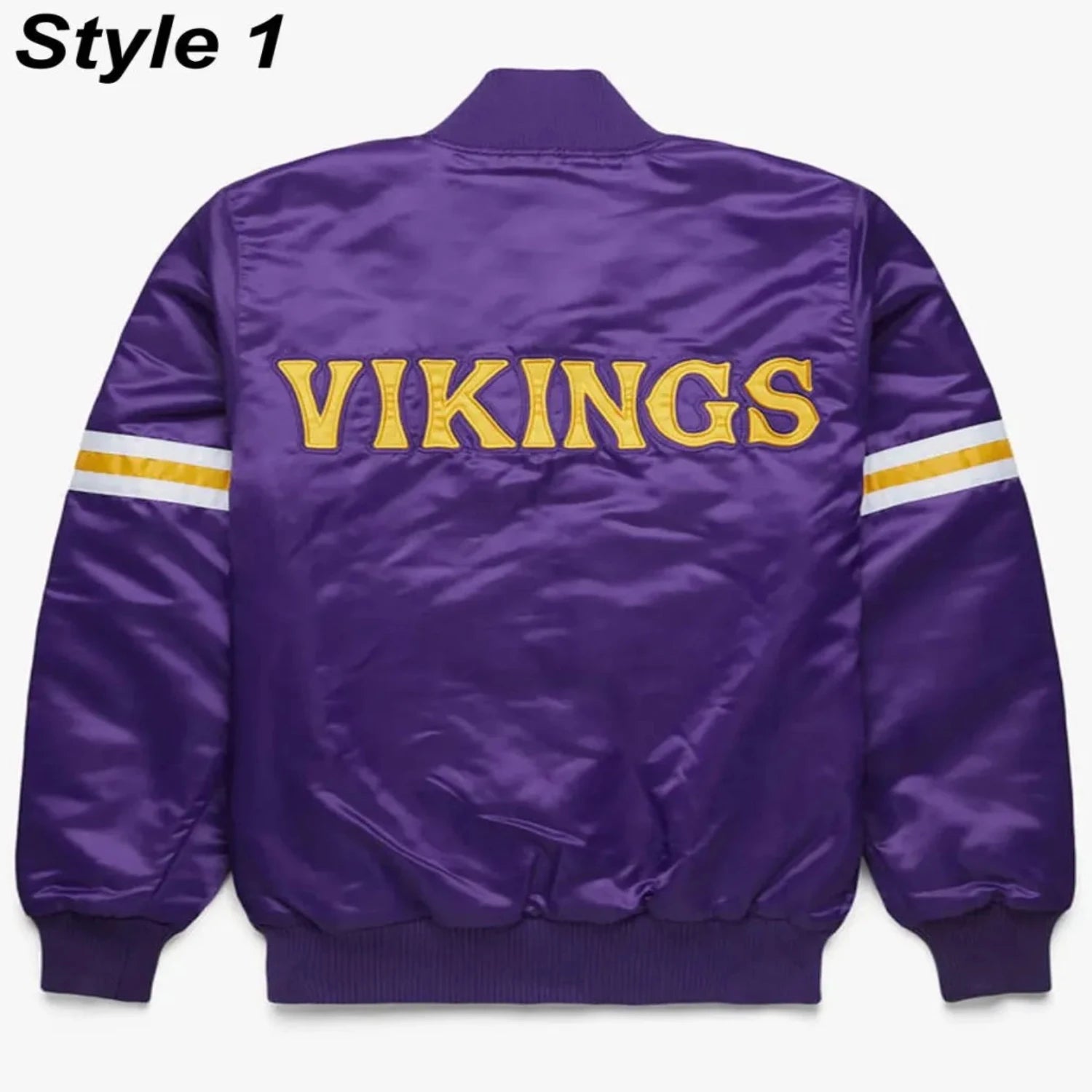 Back of Vikings satin varsity jacket featuring large team logo and striped ribbed hem
