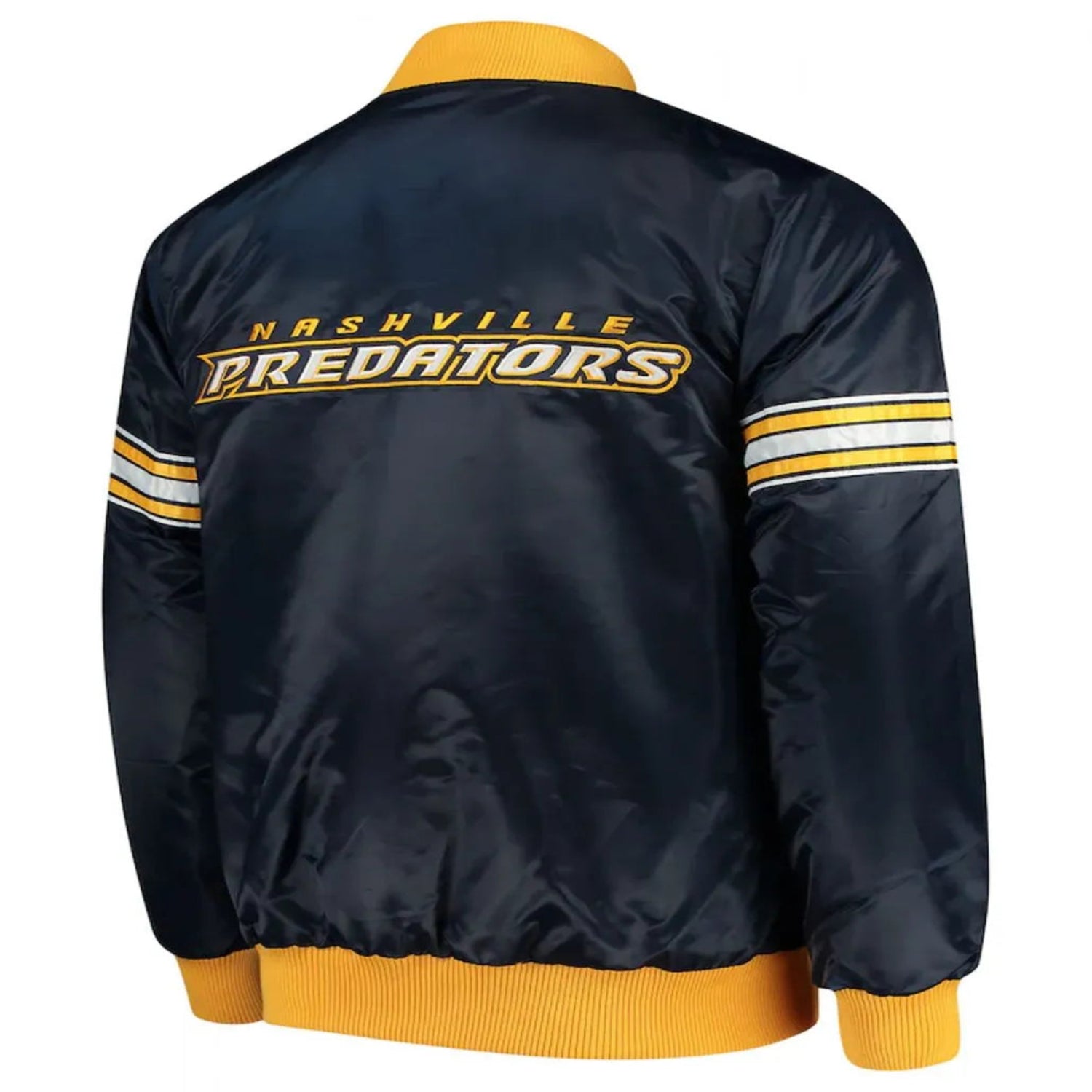 Back of NHL Nashville Predators satin varsity jacket in navy colour featuring large team logo and striped ribbed hem