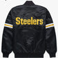 Back of Pittsburgh Steelers NFL satin varsity jacket featuring large team logo and striped ribbed hem
