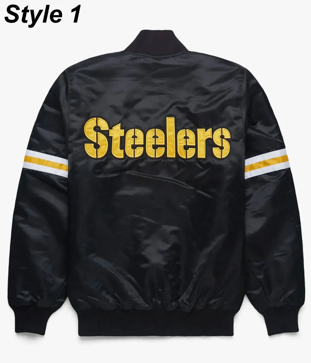 Back of Pittsburgh Steelers NFL satin varsity jacket featuring large team logo and striped ribbed hem
