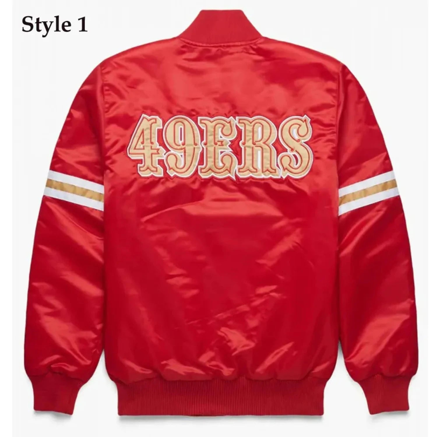 Back of SF 49ers satin varsity jacket featuring large team logo and striped ribbed hem

