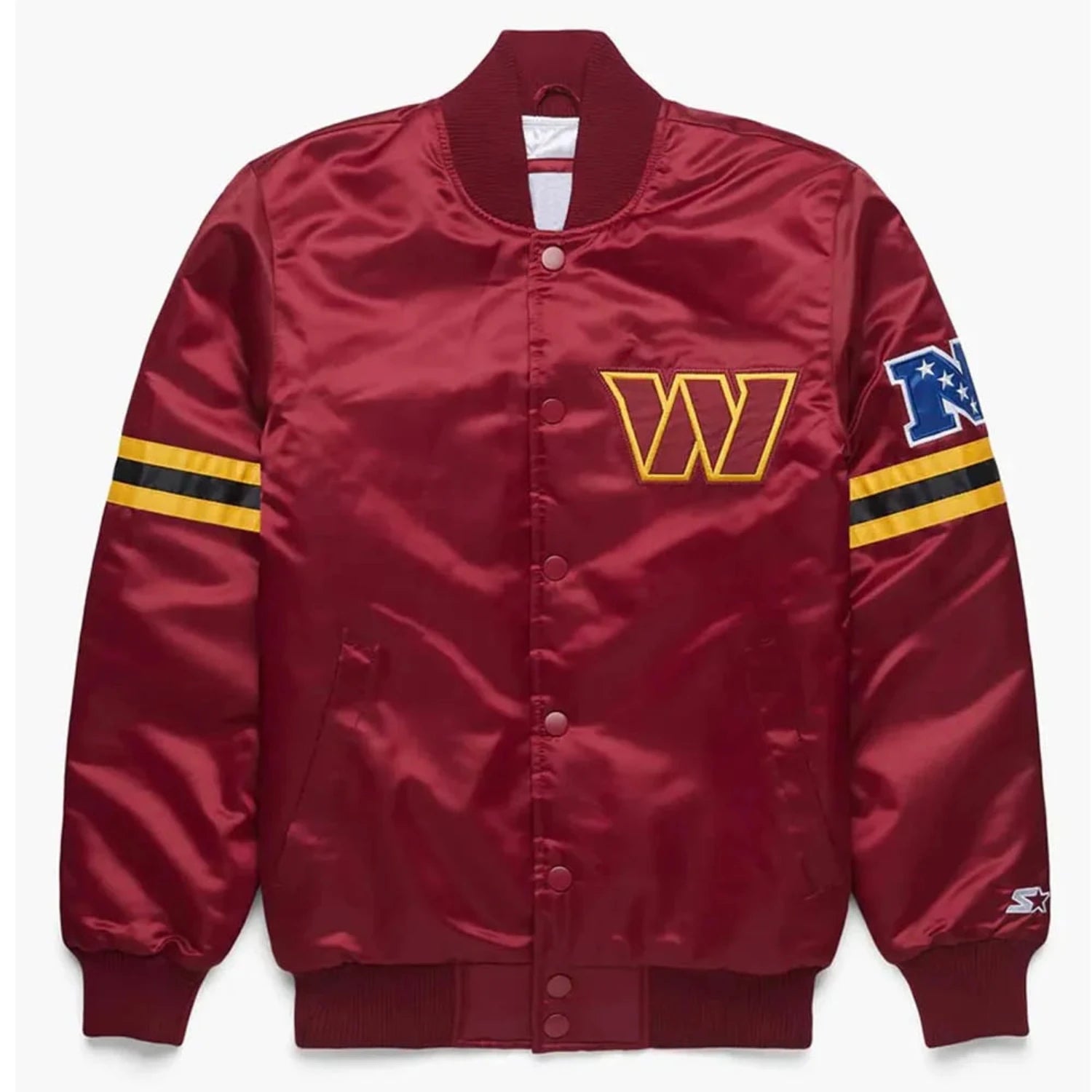Front view of Washington Commanders  NFL satin varsity jacket with team logo and snap-button closure