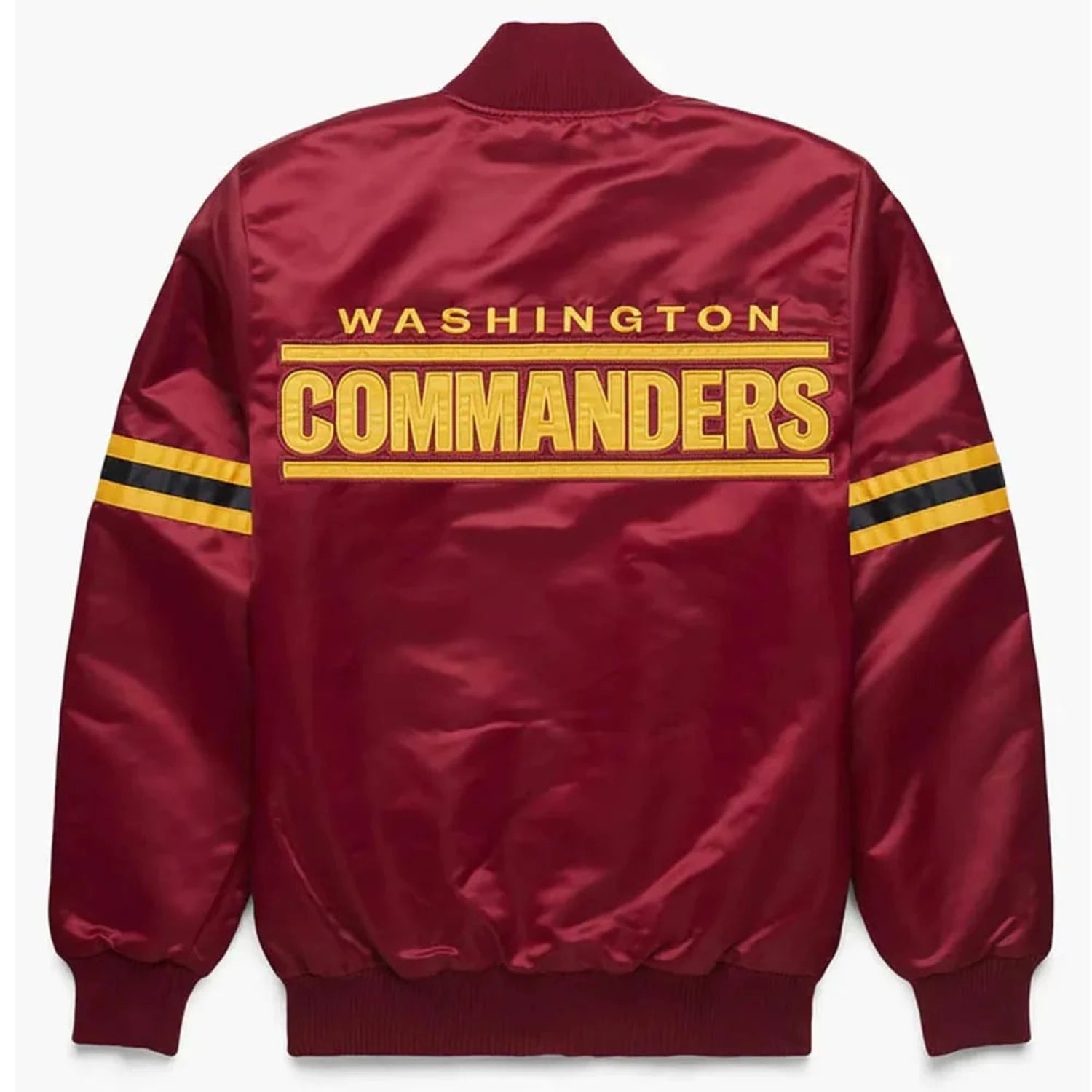Back of Washington Commanders satin varsity jacket featuring large team logo and striped ribbed hem
