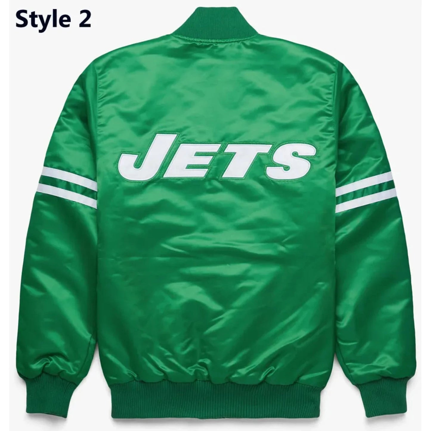 Back of New York Jets satin varsity jacket featuring large team logo and striped ribbed hem