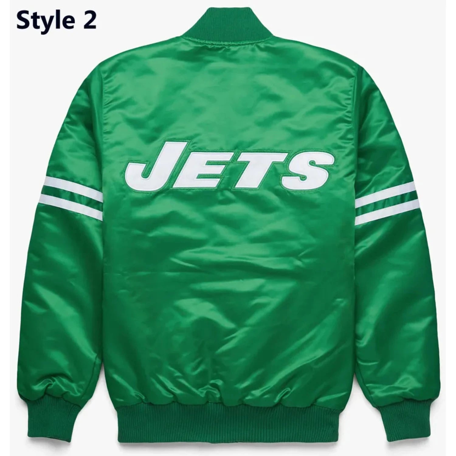 Back of New York Jets satin varsity jacket featuring large team logo and striped ribbed hem
