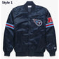 Front view of Tennessee Titans NFL satin varsity jacket with team logo and snap-button closure