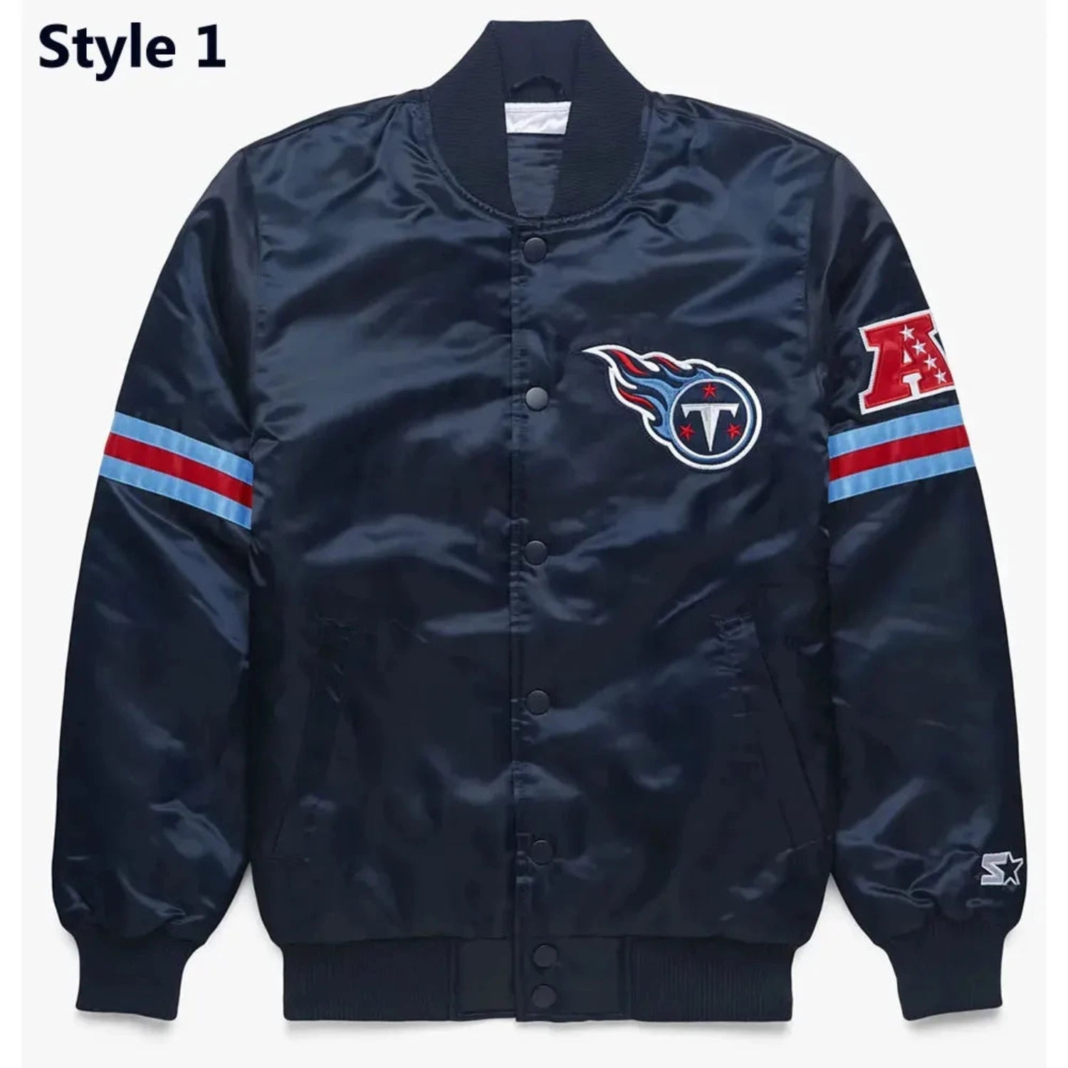 Front view of Tennessee Titans NFL satin varsity jacket with team logo and snap-button closure