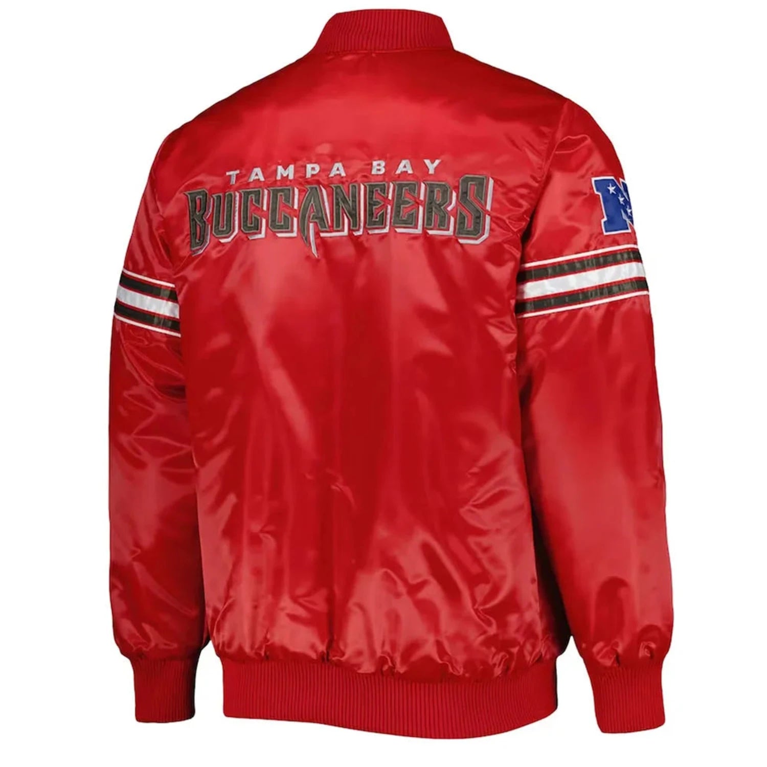 Back of Tampa Bay Buccaneers satin varsity jacket featuring large team logo and striped ribbed hem
