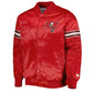 Front view of Tampa Bay Buccaneers NFL satin varsity jacket with team logo and snap-button closure