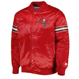 Front view of Tampa Bay Buccaneers NFL satin varsity jacket with team logo and snap-button closure