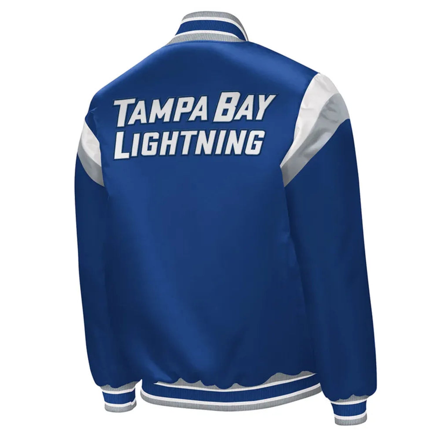 Back of NHL Tampa Bay Lightning satin varsity jacket in blue colour featuring large team logo and striped ribbed hem