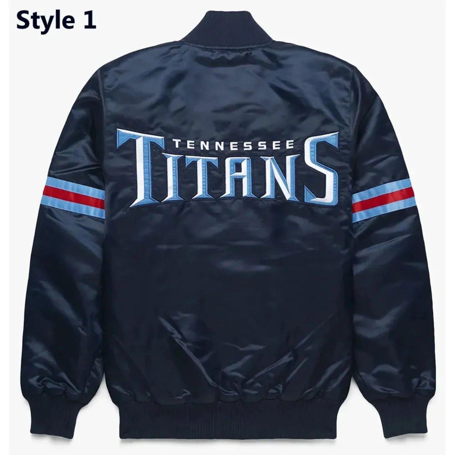 Back of Tennessee Titans satin varsity jacket featuring large team logo and striped ribbed hem
