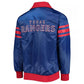 Back of Texas Rangers satin varsity jacket featuring large team logo and striped ribbed hem