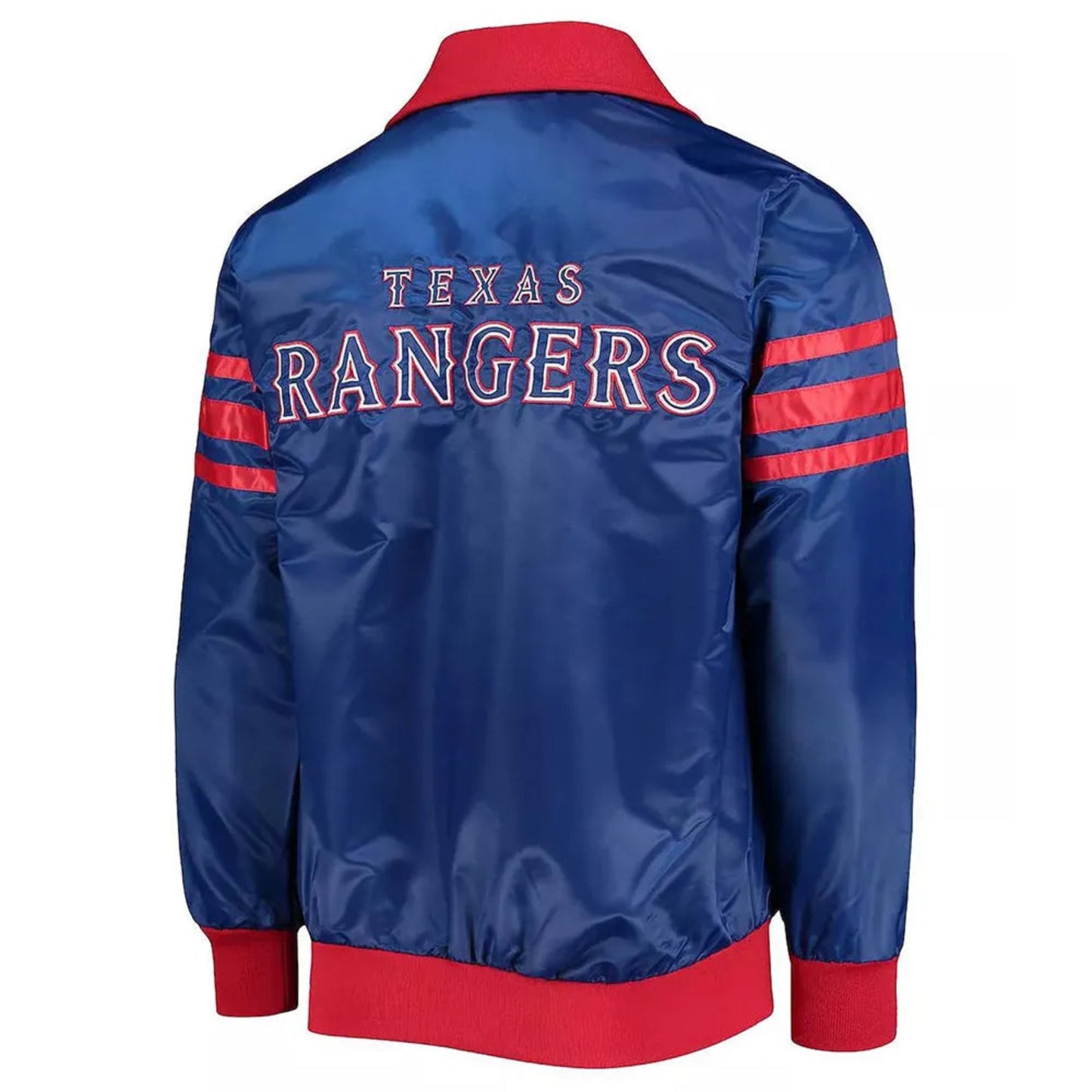 Back of Texas Rangers satin varsity jacket featuring large team logo and striped ribbed hem