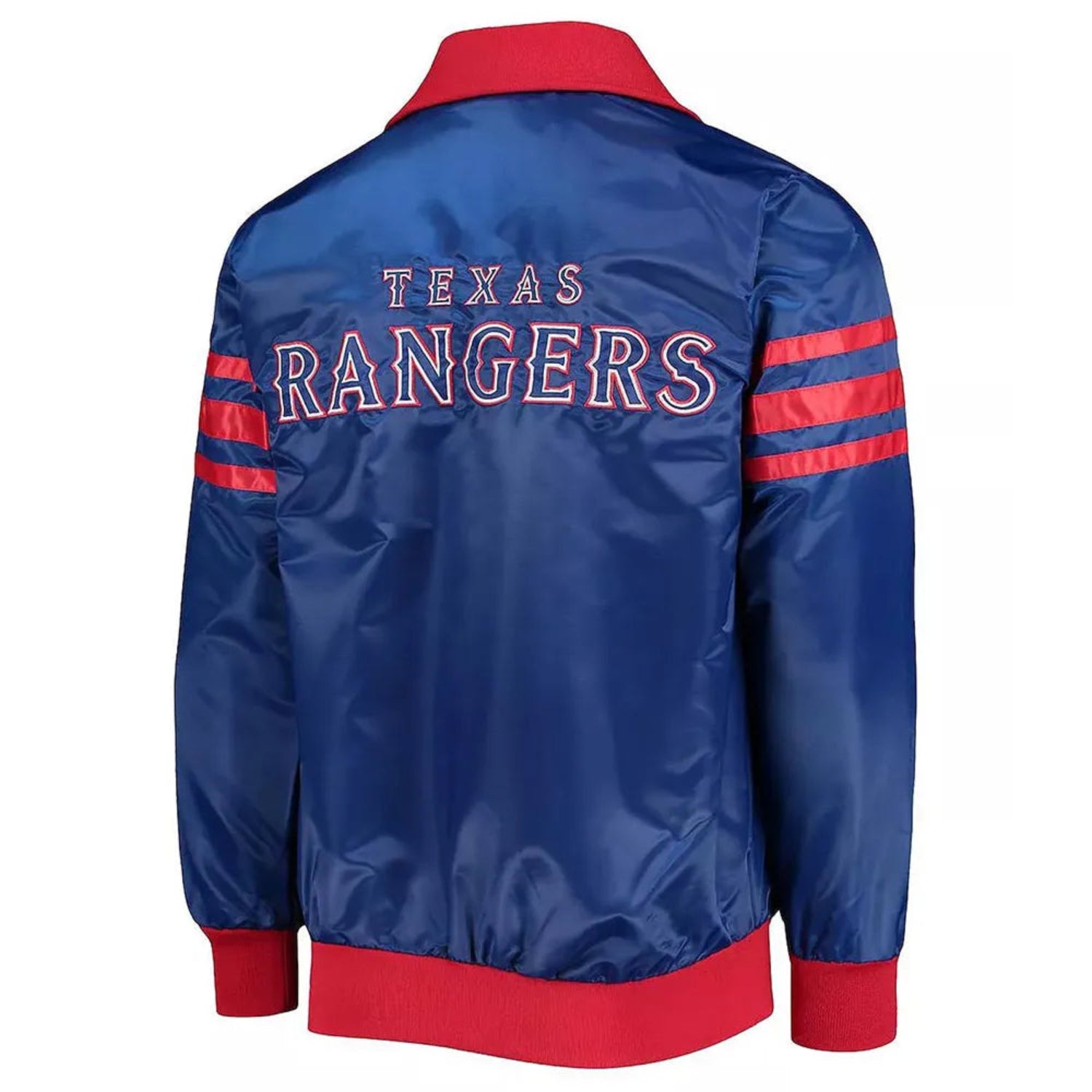 Back of Texas Rangers satin varsity jacket featuring large team logo and striped ribbed hem