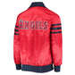 Back of Los Angeles Angels satin varsity jacket featuring large team logo and striped ribbed hem