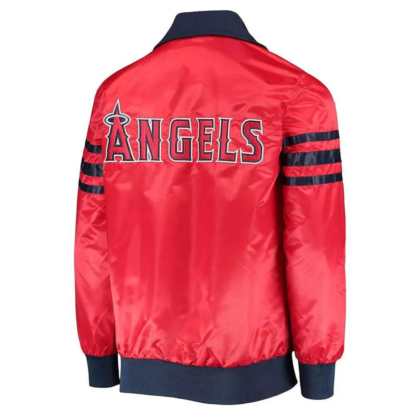 Back of Los Angeles Angels satin varsity jacket featuring large team logo and striped ribbed hem