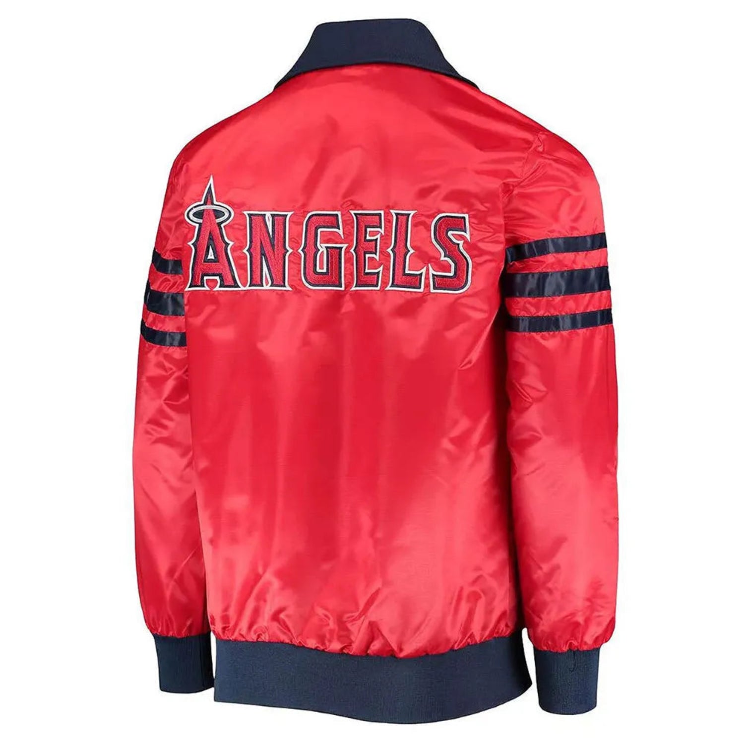 Back of Los Angeles Angels satin varsity jacket featuring large team logo and striped ribbed hem
