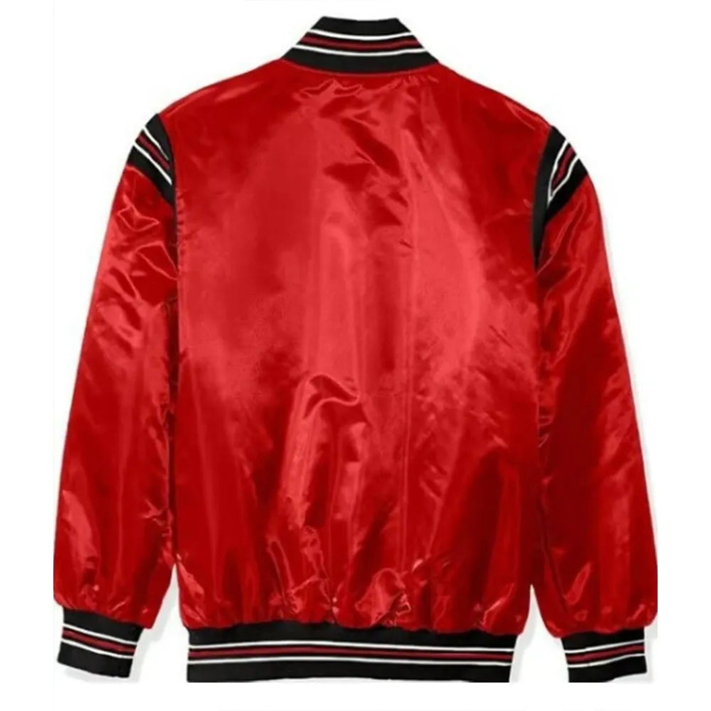 Back of NHL Carolina Hurricanes satin varsity jacket featuring large team logo and striped ribbed hem