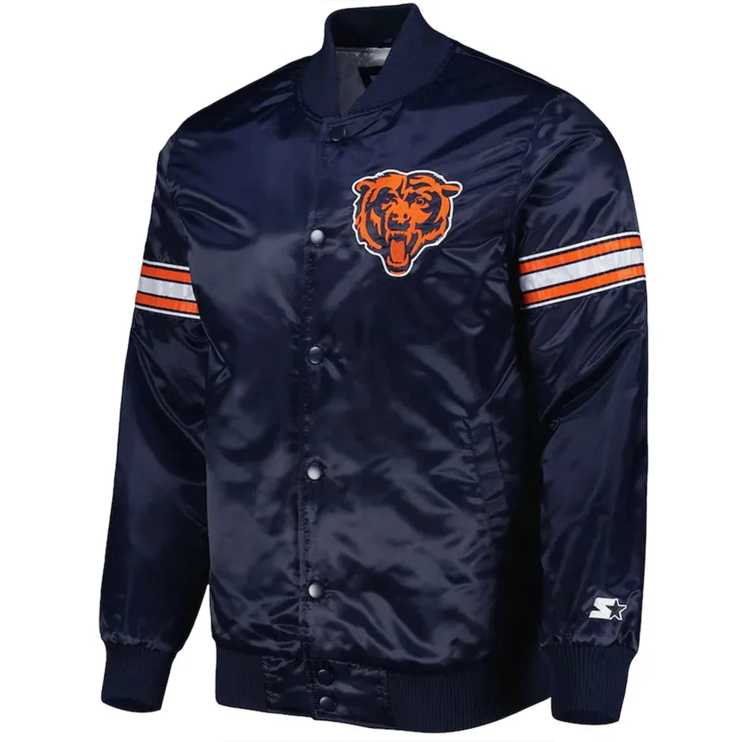 Front view of Chicago Bears NFL satin varsity jacket with team logo and snap-button closure
