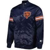 Front view of Chicago Bears NFL satin varsity jacket with team logo and snap-button closure