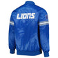 Back of Detroit Lions satin varsity jacket featuring large team logo and striped ribbed hem
