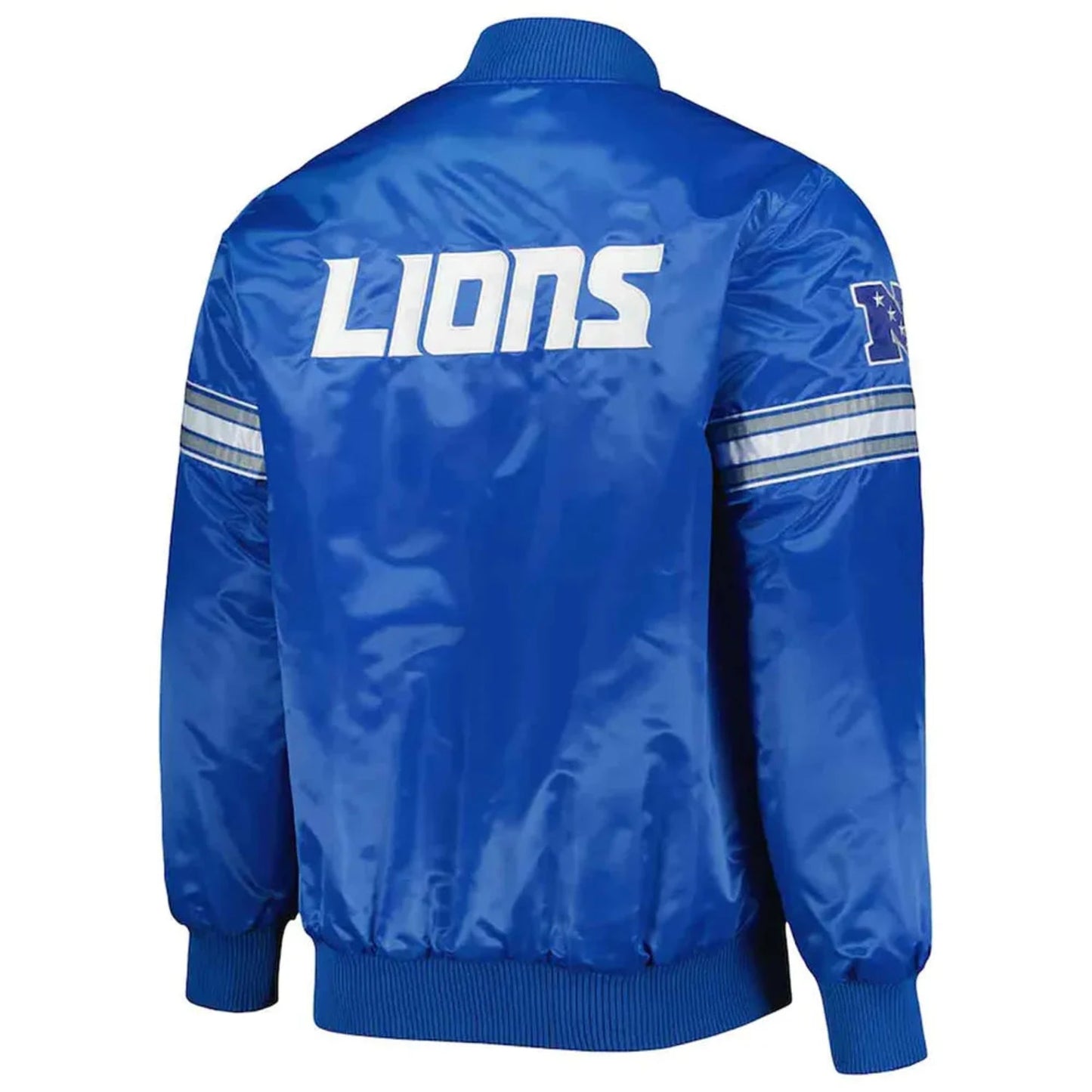 Back of Detroit Lions satin varsity jacket featuring large team logo and striped ribbed hem
