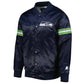 Front view of Seattle Seahawks NFL satin varsity jacket with team logo and snap-button closure