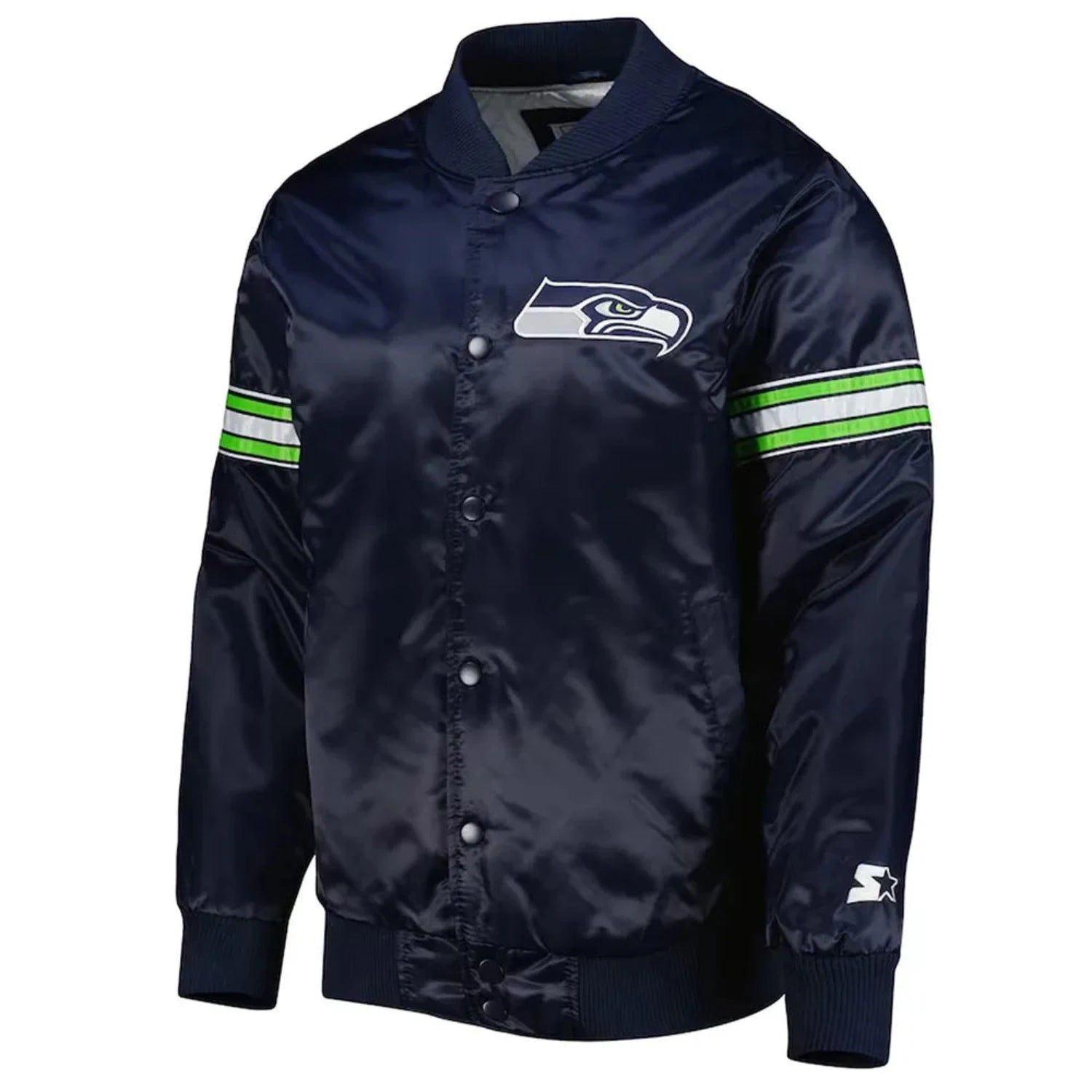 Front view of Seattle Seahawks NFL satin varsity jacket with team logo and snap-button closure