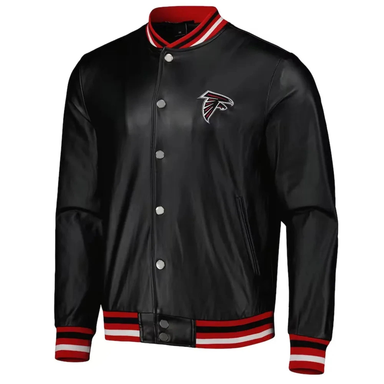 Front view of Atlanta Falcons NFL satin varsity jacket with team logo and snap-button closure