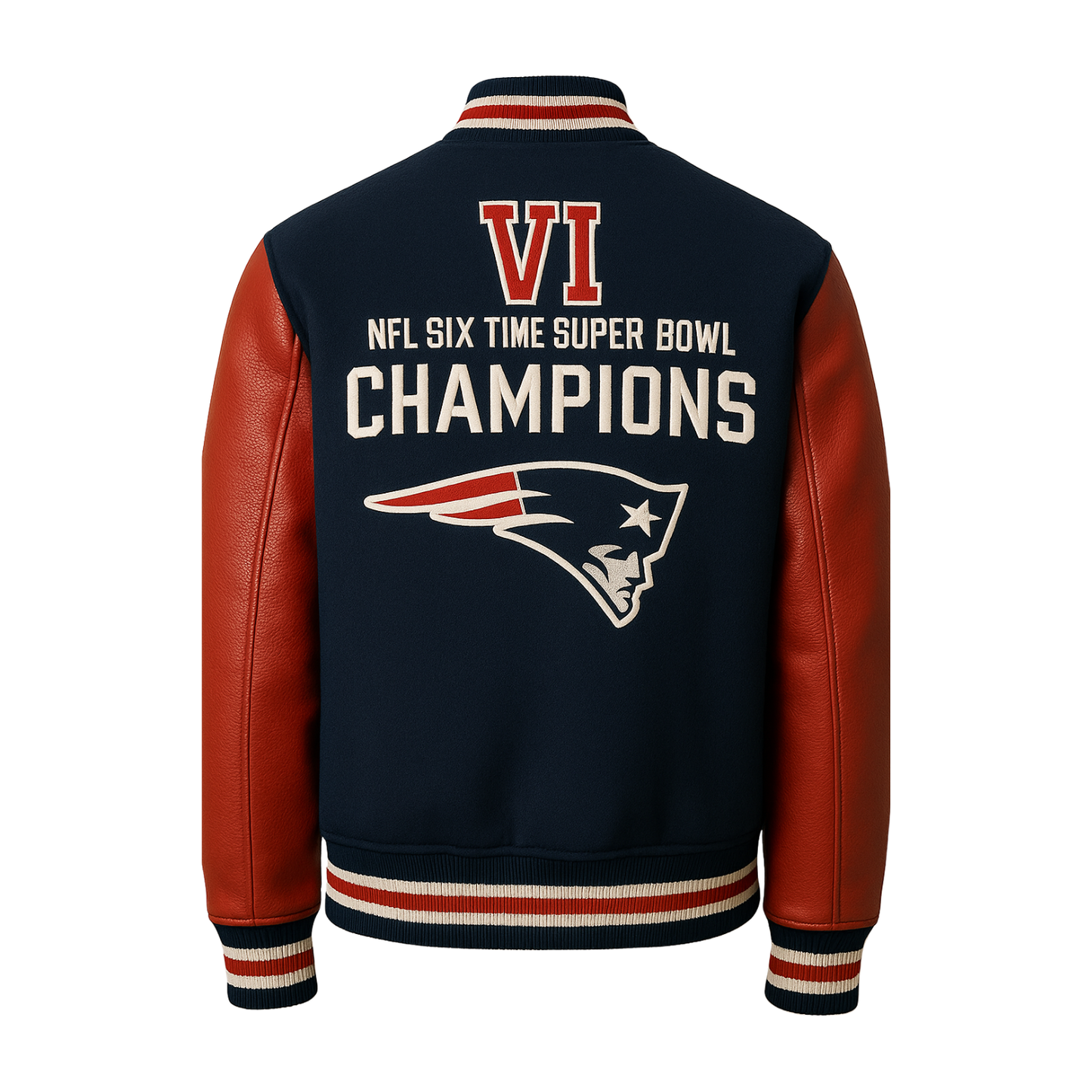 Navy and red jacket with Super Bowl Champions text and logo on a beige background